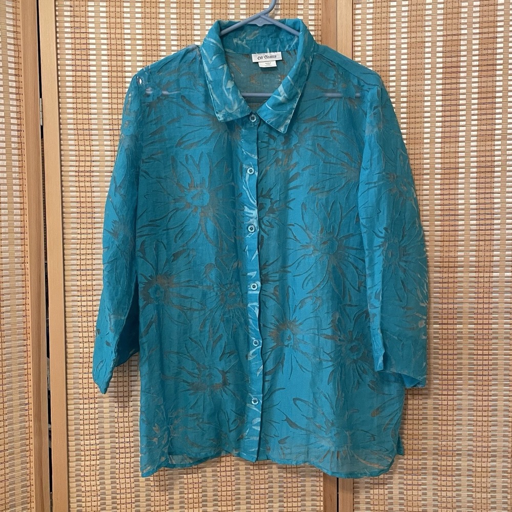 CW Classics Womens 1X Semi Sheer Turquoise‎ Button Down Floral Blouse Vacation
